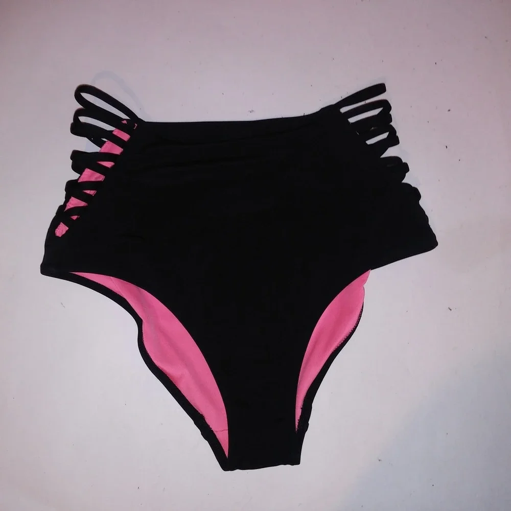 Victoria Secret PINK Swim Bottom Medium High Waist Bikini Solid Black Strappy